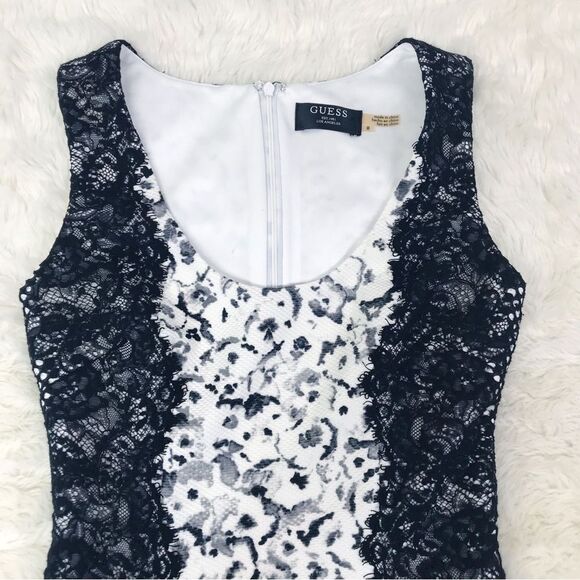 GUESS Black White Lace Bodycon Mini Dress Sleeveless Short Sexy Fitted Size 0 - Picture 3 of 11